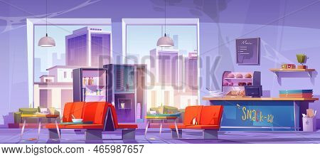 Food Court Interior, Canteen In School Or Office With Fast Food. Snack Bar With Dirty Tables, Broken