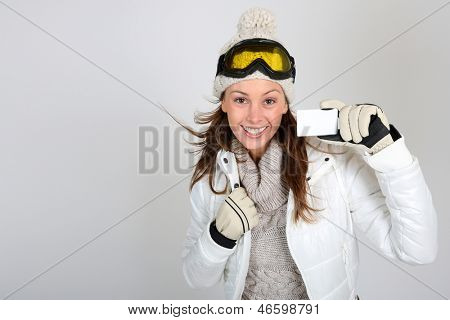 Fröhlich Skifahrer Frau Ergebnis Skipass