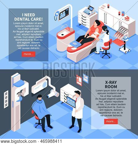 Isometric Dantist Horizontal Banners Set With Editable Text More Button And Dentists Room Interiors 