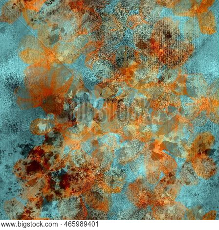 Abstract Bright Blurry Brushed Painted Layered Pattern In Autumn Blue And Orange Shades Mixed Random
