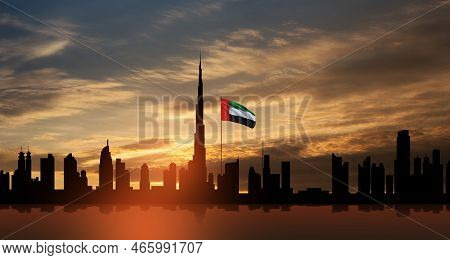 United Arab Emirates Flag And Dubai Skyline View At Sunset. Uae Celebration. National Day, Flag Day,