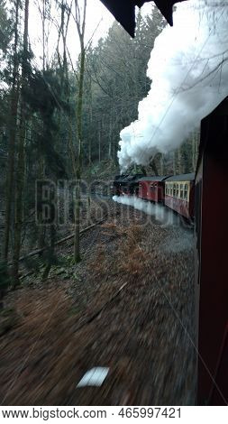 Brocken Steam Locomotice Running Up Hill Winter Blue Sky