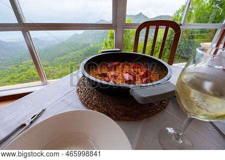 Traditional Spanish Meal. Paella With A Lobster. Tasty Food From Valencia.