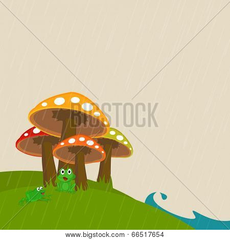 Cute frogs sitting under the colorful mushroom in raining day.
