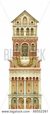 Fairy-tale Tower Isolated On White. Watercolour Graphic Artwork