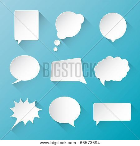 White vector communication speech bubble clouds with flat long shadow