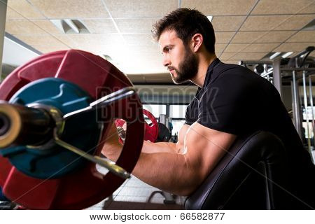 biceps preacher bench arm curl workout man at fitness gym