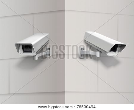 Surveillance cameras on wall