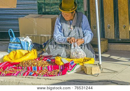 COPACABANA, BOLIVIA, MAY 6, 2014: Local woman in traditional costume and bowler hat sells grilled bean on street