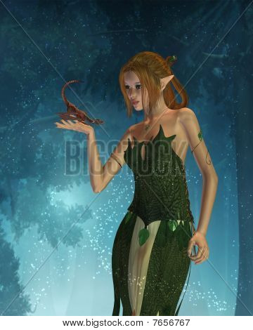 Elf Frau und Pet Dragon mit Waldland Hintergrund