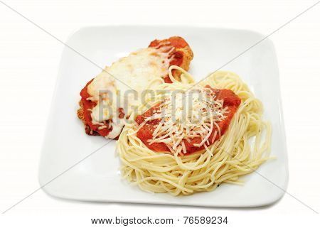 A Serving Of Spaghetti And Chicken Parmesan