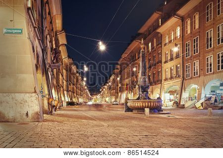night view on the shopping alley Kramgasse at Bern, Switzerland
