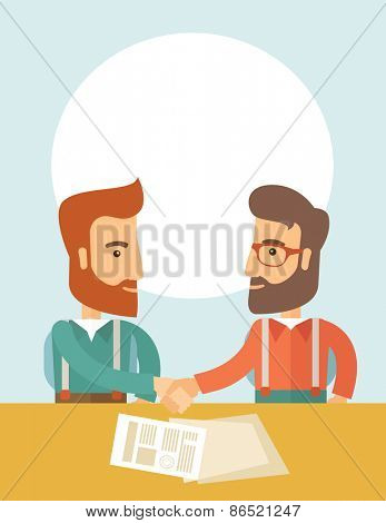 Two successful hipster Caucasian businessmen with beard facing each other handshaking. Hipster businessmen on a meeting signing the agreement with papers on the table. Partnership, leadership concept