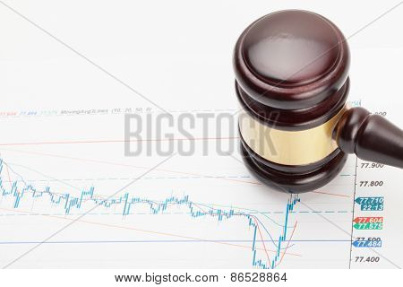 Wooden Judge's Gavel And Calculator Over Some Financial Documents