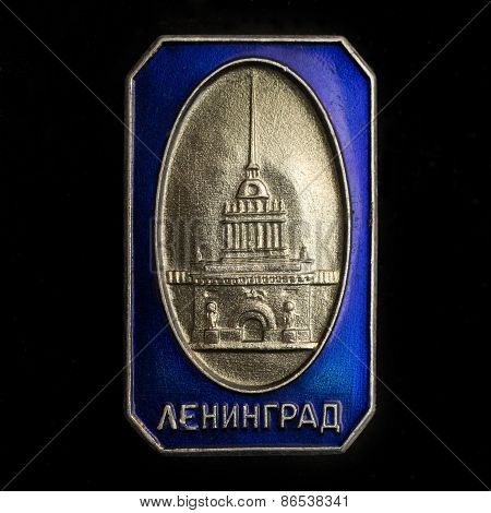 Illustrative editorial photo Soviet badge with the inscription Leningrad