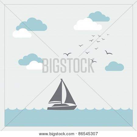 Vector card with sailboat and clouds