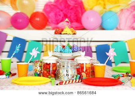 Prepared birthday table with sweets for children party