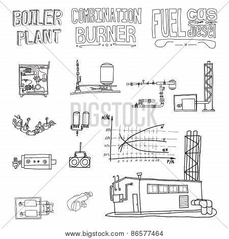 Boiler Room Equipment, Engineering Systems. Sketch. Vector File. Gas, Heat, Cold And Hot Water. Util