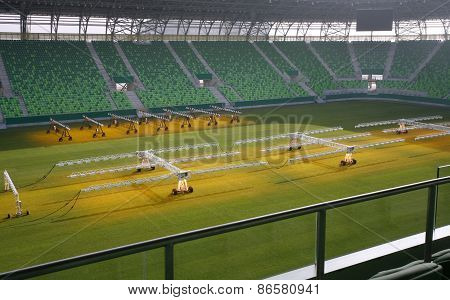 Lighting Rig System For Growing Grass And Lawn At Stadium