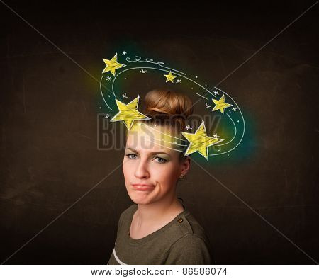 Young girl with yellow stars circleing around her head illustration