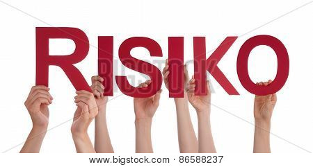 Many People Hands Holding Red Straight Word Risk