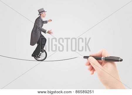 Businessman riding monocycle on a rope drawn by hand concept