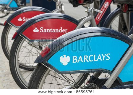 LONDON, UK - MARCH 28: Detail of Boris bikes in line. March 28, 2015 in London. On 27 February 2015. Mayor Boris Johnson secured Santander's sponsorship on the bike's scheme to replace Barclays bank..