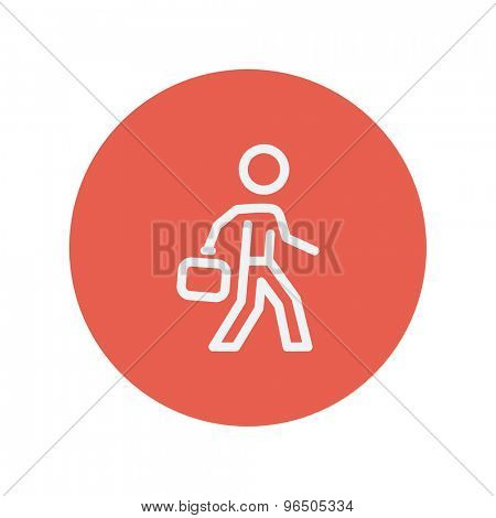 Man walking with briefcase thin line icon for web and mobile minimalistic flat design. Vector white icon inside the red circle.