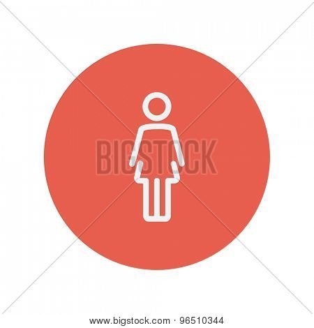 Woamn standing thin line icon for web and mobile minimalistic flat design. Vector white icon inside the red circle.