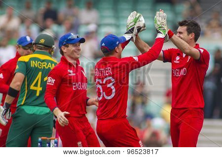 LONDON, ENGLAND - June 19 2013: James Anderson appeals for the wicket of Colin Ingramduring the ICC Champions Trophy semi final match between England and South Africa at The Oval Cricket Ground