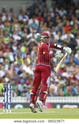 LONDON, ENGLAND - June 07 2013: West Indies Marlon Samuels batting during the ICC Champions Trophy cricket match between Pakistan and The West Indies at The Oval Cricket Ground.