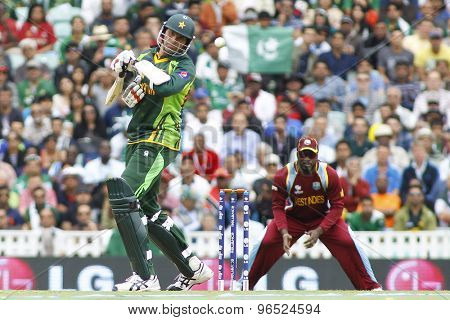 LONDON, ENGLAND - June 07 2013: Pakistan's Mohammad Irfan avoids a bouncer during the ICC Champions Trophy cricket match between Pakistan and The West Indies at The Oval Cricket Ground.