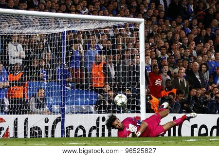 LONDON, ENGLAND. September 19 2012  Juventus's Italian  goalkeeper Gianluigi Buffon makes a save during the UEFA Champions League football match between Chelsea and Juventus played at Stamford Bridge