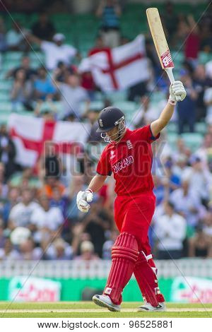 LONDON, ENGLAND - June 19 2013: Jonathan Trott celebrates hitting the winning run in the ICC Champions Trophy semi final match between England and South Africa at The Oval Cricket Ground