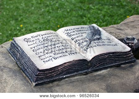 Bronze Open Book With Pen And Ink As A Monument