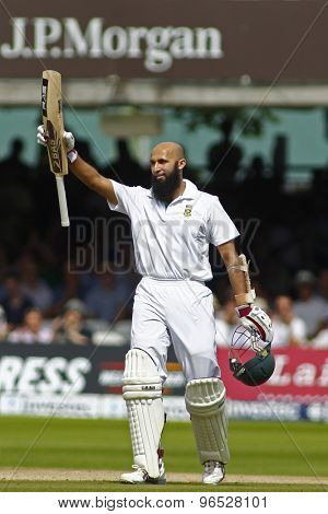 LONDON, ENGLAND. AUGUST 19 2012 South Africa's Hashim Amla celebrates a century during the third Investec cricket  test match between England and South Africa, at Lords Cricket Ground