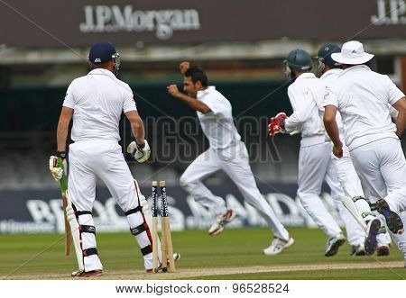LONDON, ENGLAND. AUGUST 20 2012 England's Jonny Bairstow looks on after being bowled by a runningImran Tahir during the third Investec cricket  test match between England and South Africa