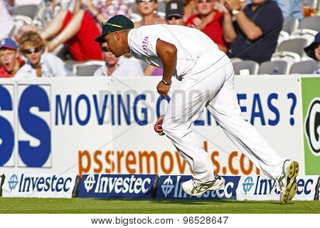 LONDON, ENGLAND. AUGUST 19 2012 South Africa's Vernon Philander fielding  during the third Investec cricket  test match between England and South Africa, at Lords Cricket Ground