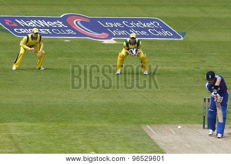 CHESTER LE STREET, ENGLAND. JULY 07 2012: Australia's captain Michael Clarke, Australia's Matthew Wade, and England's Ian Bell, during the 4th one day international between England and Australia