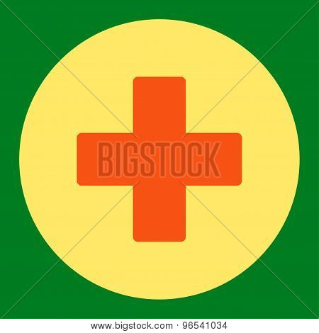 Plus flat orange and yellow colors round button