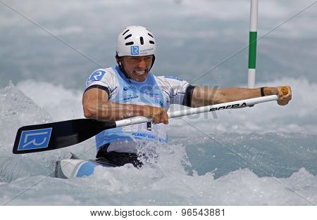 LONDON, ENGLAND - JUNE 06 2014 David Florence of Great Britain competes at the ICF Canoe Slalom held at the Lea Valley White Water centre Waltham Abbey.