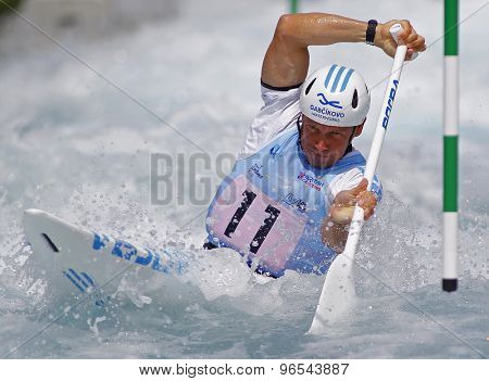 LONDON, ENGLAND - JUNE 06 2014 Michal Martikan of Slovakia competes at the ICF Canoe Slalom held at the Lea Valley White Water centre Waltham Abbey.