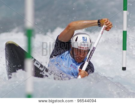 LONDON, ENGLAND - JUNE 06 2014 Benjamin Savsek of Slovenia competes at the ICF Canoe Slalom held at the Lea Valley White Water centre Waltham Abbey.