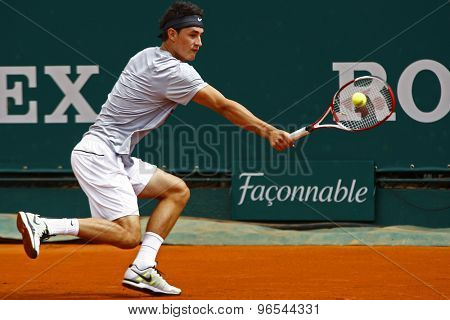 MONTE CARLO, MONACO. APRIL 16 2012 Bernard Tomic (AUS) in action during the first round match between Bernard Tomic (AUS) and Denis Istomin (UZB) at the ATP Monte Carlo Masters  