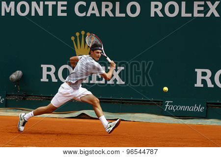 MONTE CARLO, MONACO. APRIL 16 2012 Bernard Tomic (AUS) in action during the first round match between Bernard Tomic (AUS) and Denis Istomin (UZB) at the ATP Monte Carlo Masters  