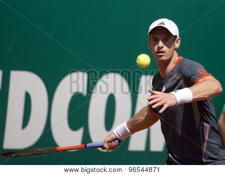MONTE CARLO, MONACO. APRIL 17 2012 Andy Murray (GBR) in action during the second round match betweenAndy Murray (GBR) and Viktor Troicki (SRB)  at the ATP Monte Carlo Masters  .