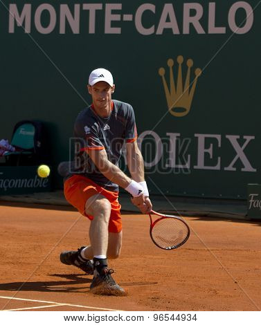 MONTE CARLO, MONACO. APRIL 17 2012 Andy Murray (GBR) in action during the second round match betweenAndy Murray (GBR) and Viktor Troicki (SRB)  at the ATP Monte Carlo Masters  .