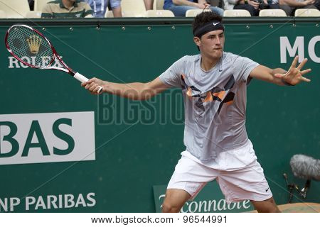 MONTE CARLO, MONACO. APRIL 18 2012 Bernard Tomic (AUS)  in action during the second round match between Bernard Tomic (AUS) and Alexandr Dolgopolov (UKR)  at the ATP Monte Carlo Masters  .