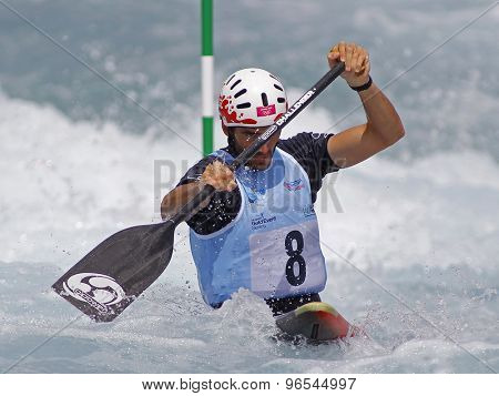 LONDON, ENGLAND - JUNE 06 2014 Ander Elosegi of Spain competes at the ICF Canoe Slalom held at the Lea Valley White Water centre Waltham Abbey.