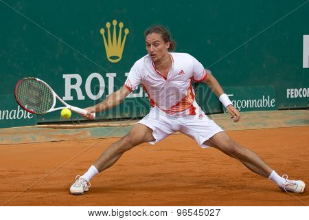 MONTE CARLO, MONACO. APRIL 18 2012 Alexandr Dolgopolov (UKR)  in action during the second round match between Bernard Tomic (AUS) and Alexandr Dolgopolov (UKR)  at the ATP Monte Carlo Masters  .